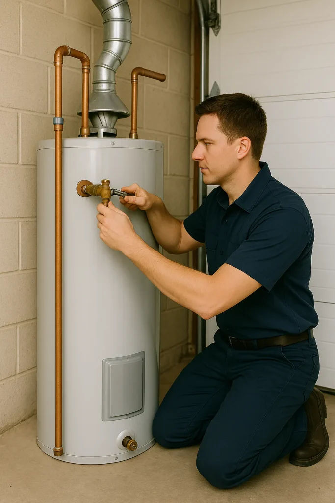 Plumber replacing old water heater